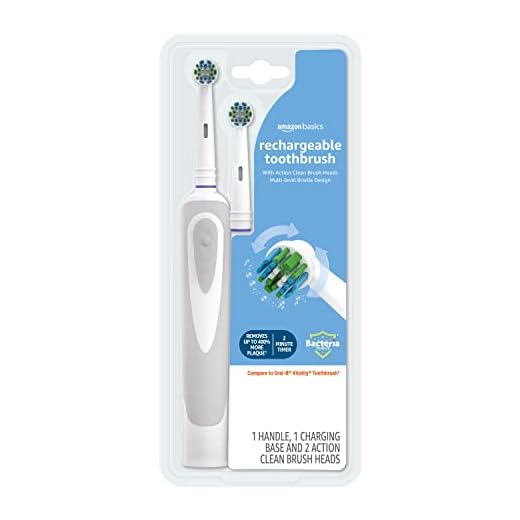 Amazon Basics Rechargeable Electric Toothbrush, 4 Piece Set with 1 Handle, 2 Action Clean Brush Heads and Charger, Plaque Removal, Deep Cleaning, White