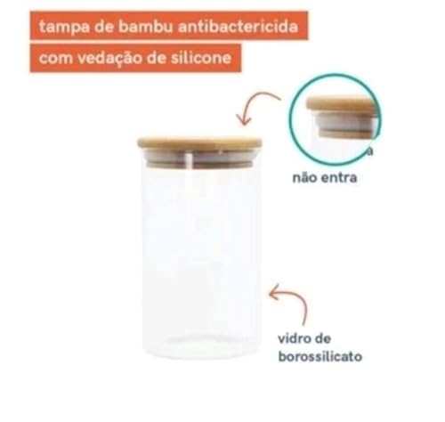 Kit 3 Potes De Vidro Herméticos Com Tampa de Bambu 550ml Frasco Porta Mantimentos