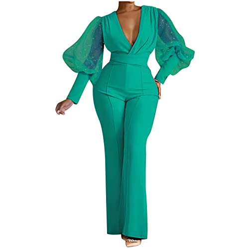 Image of Sequin Jumpsuit for Women UK V Neck Jumpsuit Long Sleeve Rompers Playsuit Straight Leg Trousers Clubwear Plus Size Pants Dress Rompers UK Size Ladies Long Pants for Work Party Club Wedding Green