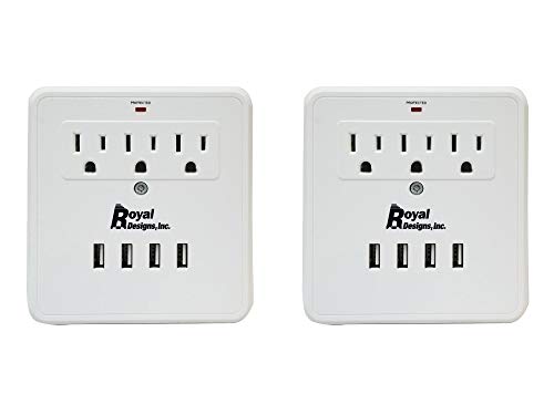 Royal Designs Wall Mount 3 Outlet Surge Protector Power Strip with 4 USB Ports, 300 Joule, White, Set of 2