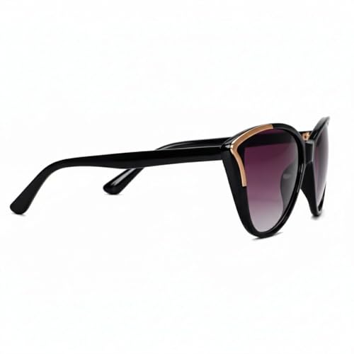 Image of Women's Cat Eye Sunglasses, Black Frame with Gold Accents, Gradient Purple Lens, UV Protection, 135mm Total Width