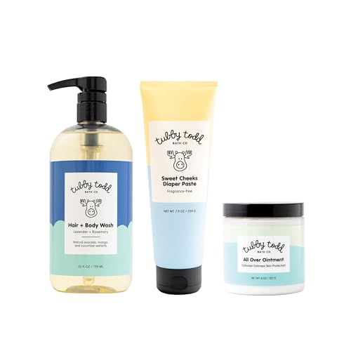 Image of TUBBY TODD Baby Bundle Newborn Skin Care Set - Hypoallergenic Hair + Body Wash, All Over Ointment with Colloidal Oatmeal, Sweet Cheeks Diaper Paste - Lavender Rosemary, Full Size