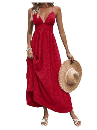 Image of Milumia Women's Summer V Neck Backless Maxi Dress Boho Spaghetti Strap A Line Flowy Beach Long Sundress