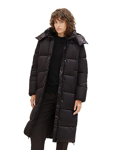 TOM TAILOR Damen Long Puffer Mantel mit abnehmbarer Kapuze , deep black, L