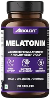 Boldfit Melatonin 5mg Sleeping Pills with Tagar 250mg and Vitamin B6 Non-Habit Forming Sleep Supplement for Men & Women Melatonin Tablets for Relaxation Sleep Routine & Night-Time Support- 60 Vegetarian Tablets