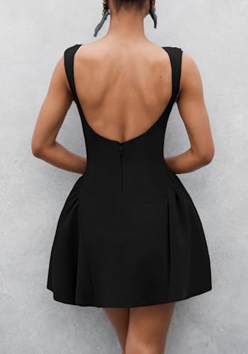 Image of Kwunbwa Women's Sexy Sleeveless Boat Neck Backless A Line Mini Dress | Ruffle hem, flowy, solid color, suitable for casual, party, cocktail, club, prom, wedding guest, vacation, birthday, travel