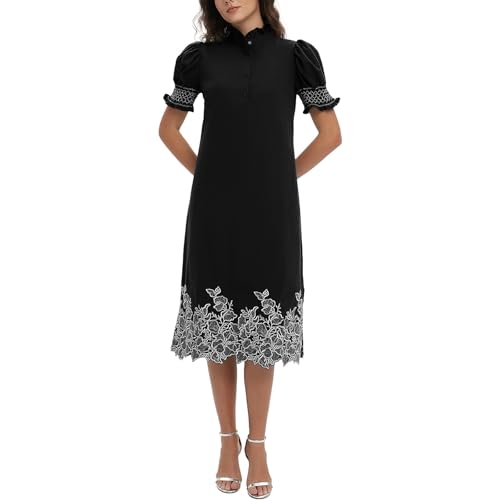 Image of Women's Summer Embroidered Midi Dress 2026 Button Down Short Sleeve Floral Shirt Dress