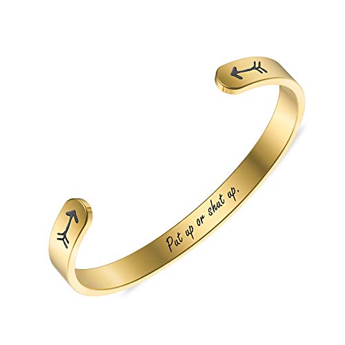 Lolalet Bracelet Jonc Ouvert Unisexe, Bracelet en Acier Inoxydable avec Message, Put up Or Shut up, Bijoux pour Femme Homme, Argent Cover