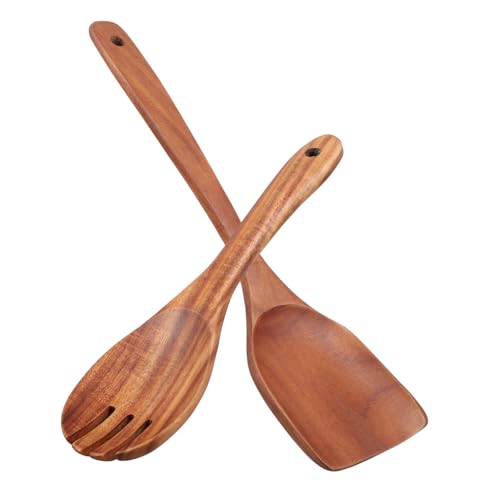 Cabilock 4-piece Wooden Salad Utensil Set Long Handle Fork Spatula Spoon Salad Servers