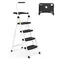 4 Step Ladder, SocTone Folding Step Stool with Tool Platform, Sturdy& Portable Steel Ladder for Adults, 330LBS Capacity Ladder for Home Kitchen Pantry Office, White