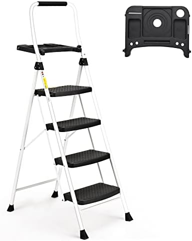 SocTone 4 Step Ladder, Folding Step Stool with Tool Platform, Sturdy& Portable Steel Ladder for Adults, 330LBS Capacity Ladder for Home Kitchen Pantry Office,