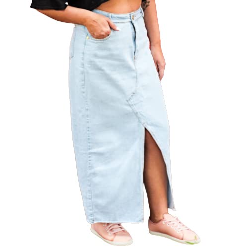 Saia Jeans Longa Feminina Cintura Alta Com fenda (46, Azul Claro)