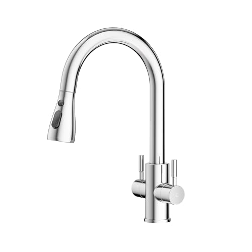 Hurran Monobloc Dual Lever 360°Swivel Kitchen Sink Mixer Tap with Pull Down Sprayer and Chrome UK Standard 1 Hole Deck Mount Design