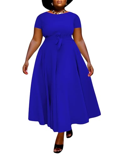 Image of Hostoyo Women Plus Size Formal A Line Maxi Dress Self Tie Waist with Pockets Elegant Round Neck Swing Long Dresses