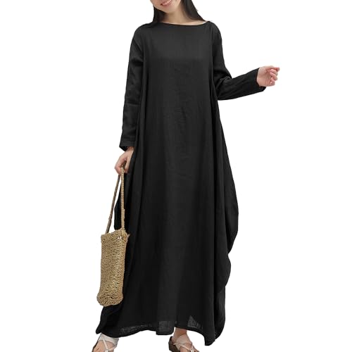 Image of Women's 2025 Spring 100% Linen Long Dress with Long Sleeve Maxi Dress Casual Loose Fitin Solid Color Pockets