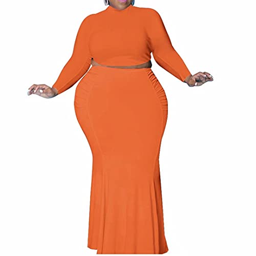 Women Sexy Plus Size Ruched Tie Crop Top Long Skirt Fall Bodycon 2 Piece Outfits Maxi Dress Set Orange 4XL