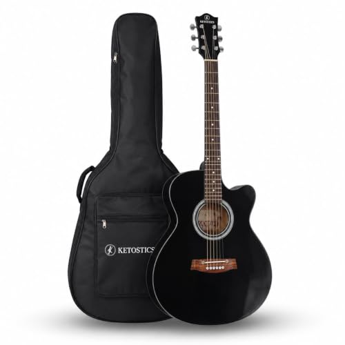 Image of KETOSTICS Acoustic Guitar combo KT-41C,41-inch Cutaway Truss Rod with padded bag,string set,belt and 5 plactrums,rosewood,copper Strings,for Beginners & Intermediate Players Musical Instrument (BLK)