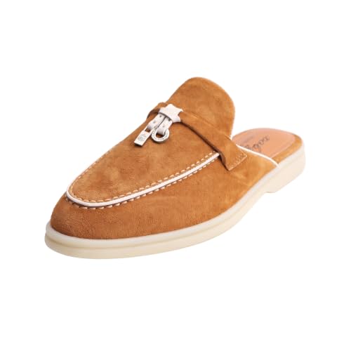 Image of XOBZJH Designer Women's Mules Flat Heel - Suede Leather Flats with Tassel Detail, Comfortable Slip-On Backless Loafers,Casual & Work Shoes
