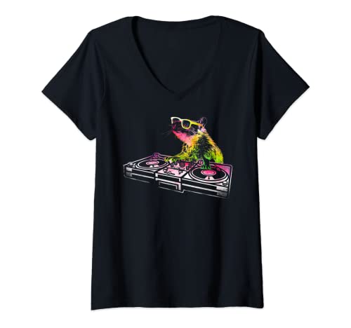 Mujer DJ Mouse Rainbow Color Rattus Rodent Hamster Music DJ Rat Camiseta Cuello V