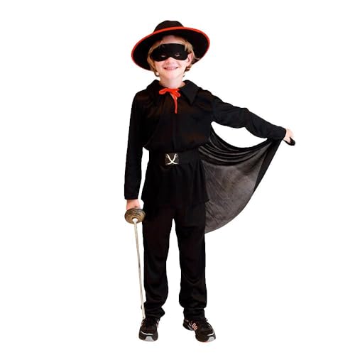Lito Angels Deguisement Costume Robe de Hero Zorro avec Masque, Chapeau et Cape pour Enfant Garcon Taille 6-7 ans, Noir