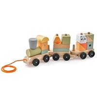 COSTWAY Wooden Stacking Train, 3-Section Push & Pull Stacking Toys with Stackable Blocks, Solid Wood Learning Toy Gift for Toddlers (with 15 Blocks, Plastic Wheels & Tow Rope)