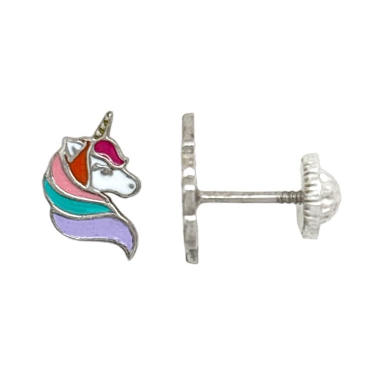 Pendientes cara de unicornio para niñas en plata de ley y cierre a rosca