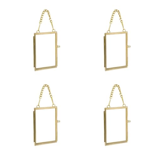 4PCS Glass Frame for Pressed Flowers 2x3 Inch Brass Hanging Photo Frame Double Glass Frame with Chain DIY Vintage Home Decor