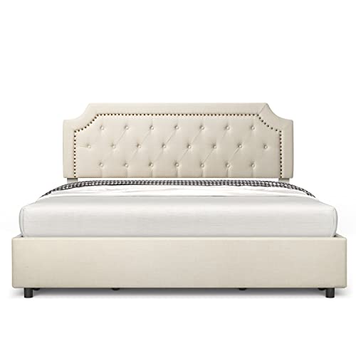 Bonsoir Queen Size Storage Bed Frame Upholstered Low Profile Traditional Platform With Tufted And Nail Headboard/No Box Spring Needed/4 Pull Out Drawers/Cream Color Linen Fabric (Queen Size) #TOP5