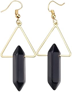 Nupuyai Hexagonal Healing Crystal Stone Vintage Dangle Earrings for Women, Triangle Gold Plated Drop Earrings for Wedding Party, 66mm
