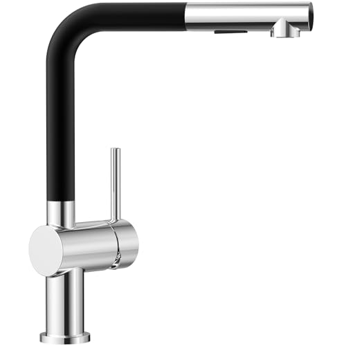 CECIPA Rubinetto Cucina, Rubinetteria Estraibile con due Tipi di Getto, Miscelatore Cucina con Leva Singola per Lavello, Girevole a 360°, Lega di Zinco, Nero-Cromo