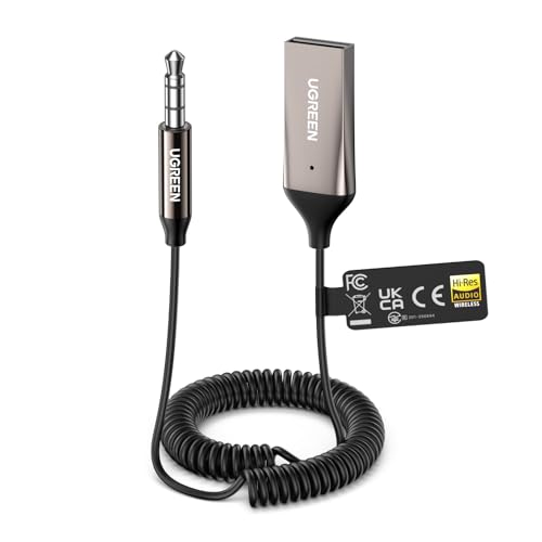 UGREEN Receptor Bluetooth 6.0 para Coche con Jack 3,5 mm, Adaptador de Audio Inalámbrico USB con Micrófono y Cable Integrados, Admite Llamadas Manos Libres, Altavoces Estéreo y Auriculares