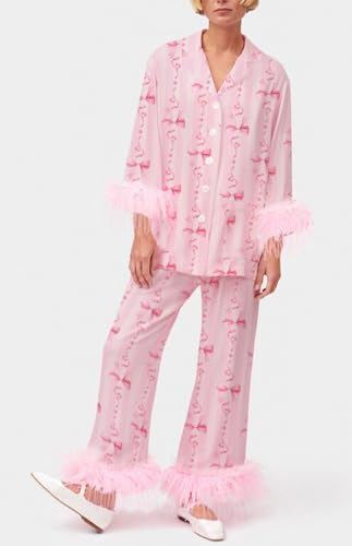 Women Feather Trim Holiday Pajamas Cute Bow Heart Satin Pjs Silk Long Sleeve Button Pajama Shirt Lounge Pants Sets2