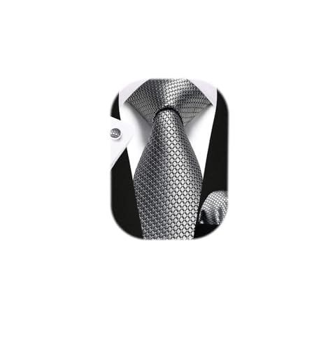 Enlision Herren Krawatte Taschentuch Hochzeit Formell Business Silber Plaid Krawatten und Einstecktuch Manschettenknöpfe Set