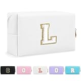 【CONCEPTION INITIALE PERSONNALISÉE】 La trousse de maquillage Preppy est dotée d'un patch chenille à paillettes dorées qui est non seulement élégant mais également doux pour la peau et confortable au toucher. Le joli patch monogramme a un style personnalisé fort, et il est cousu sur cette trousse de maquillage rose pour égayer le look et ajouter une touche personnalisée