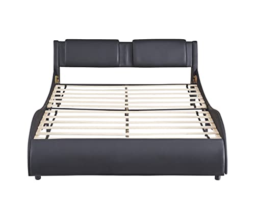 Biadnbz Full Size Modern Platform Bed With Adjustable Led Light,Upholstered Faux Leather Bedframe With Headboard For Bedroom Guest Room,Wood Slat Support,No Box Spring Needed, Black #TOP3