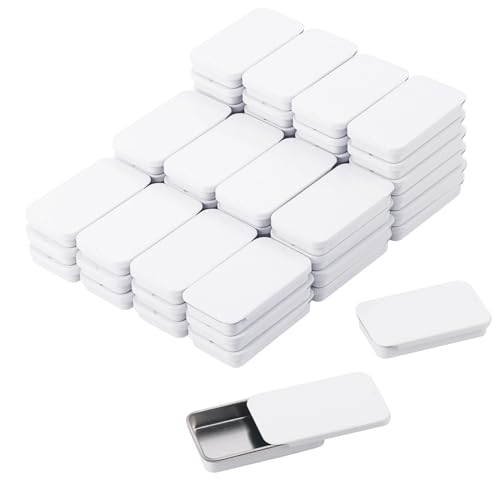 Image of Biugaaufai 60 Pack White Mini Rectangular Metal Tins Boxes with Sliding lids, Small Empty Slide Top Metal Tin, Lip Balm Slide Tins with Lid for Crafts, Jewelry, Candies (2.36 x 1.34 x 0.43 Inch)