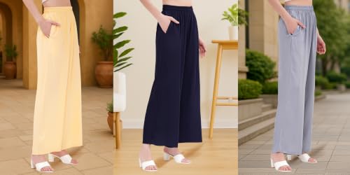 Image of Buy That Trendz Palazzo Pants for Women Rayon Elasticated Regular Fit Flared Wide Leg M to 6XL Pack of 3