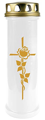 HScandle Bougie funéraire (blanc) - Durée de combustion : env. 100 h - Brûleur de 4 jours (couvercle et impression doré) - Motif croix de rose, disponible dans de nombreuses variantes