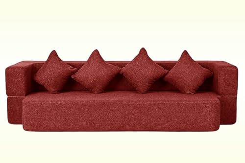 Image of C-Type Sofa Cum Bed 3-Seater Convertible Jute Fabric Sofa with Cushions, Modern Space-Saving Design for Living Room & Guest Room - Red Color