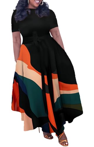 Image of Hostoyo Women Plus Size Formal A Line Maxi Dress Self Tie Waist with Pockets Elegant Round Neck Swing Long Dresses