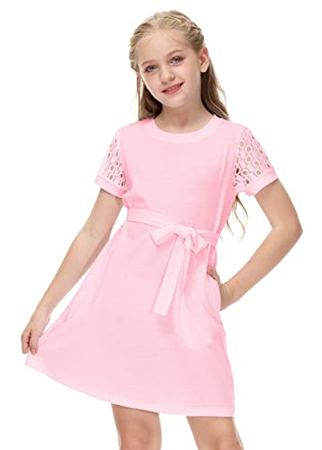 Girl Short Sleeve Lace Patchwork Dress Party Belted Beach Tie Waist Dresses Pink 7-8 Years #TOP10