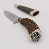 GTK - Geweihe & Trophäen KRUMHOLZ Messer mit Lederscheide Jagdmesser Hirschfänger Hirsch Horn Stange Hirschhorn Griff mit Endkappe Verzierung Eichenlaub Wappen Länge 23cm #27.20.5.3