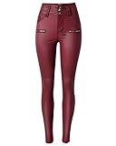 Damen Lederhose Skinny Legging Stretch Pu Leder Hose Hohe Taille Weinrot