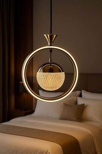 Image of Modern LED Ring Pendant Light with Textured Glass Globe - 3 Color Changing (White /Warm /Natural White) - Adjustable Hanging Ceiling Light for Bedroom, Living Room & Dining