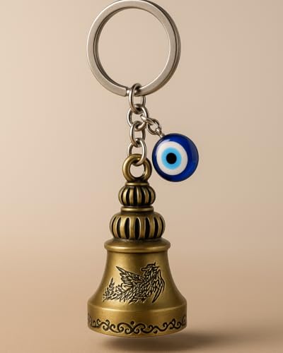 Tiny Tim Evil Bird Guardian Bell Keychain with Evil Eye Charm – Vintage Brass Lucky Protection Accessory for Bike, Car, Home Decor, and Keys (Evil Green Bir)