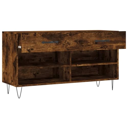 Banco de madera estable de roble con patas de hierro y estante de pasillo 6