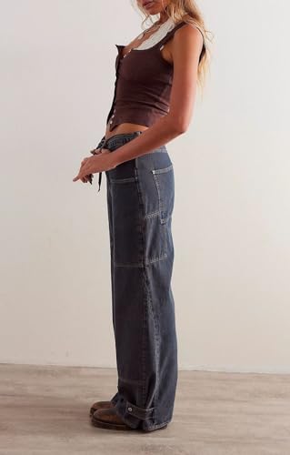 CHARTOU Women Patchwork Denim Wide Leg Pants Tie Front Drawstring Floor Length Straight Baggy Boyfriend Jeans with Pockets3