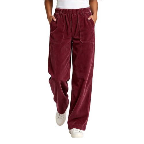 Womens Corduroy Pants High Elastic Waist Fall Trousers with Pockets
