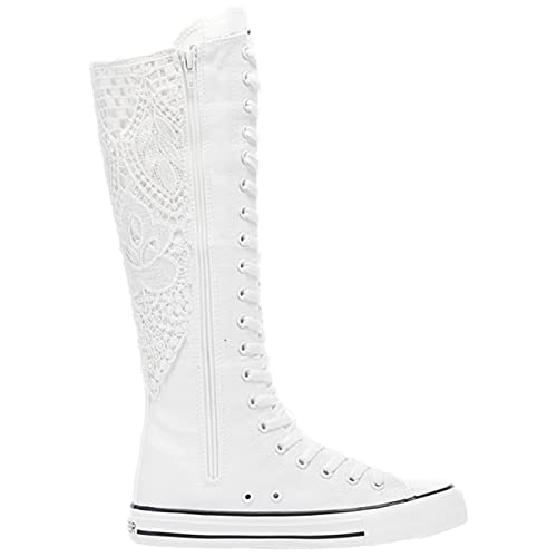 Image of ANUFER Women Fashion Canvas Dance Boots Knee High Bicycling Boots Girls Fancy School Shoes