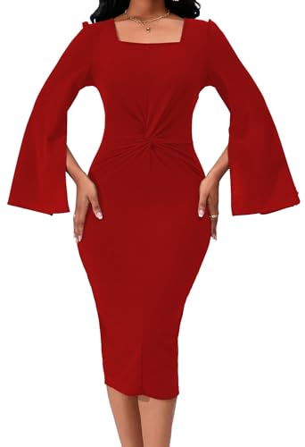 Image of Dresses for Women Elegant Long Sleeves Ruffles Pencil Knee Length Split Business Dress with Belt Zipper